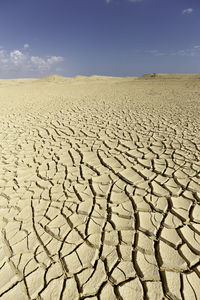 Surface level of barren land against sky