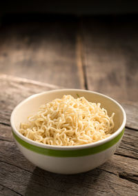 High angle view of noodles in bowl on table