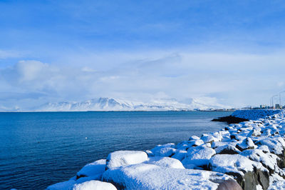 Scenic view of sea against blue sky