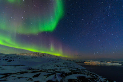 Scenic view of snow against sky at night