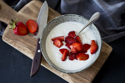 High angle view of breakfast in plate on table