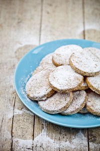 High angle view of cookies in plate on table