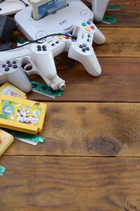 High angle view of toys on table