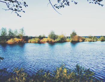 Scenic view of lake against clear sky