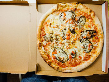 Directly above shot of pizza on table