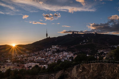 High angle view of townscape against sky during sunset