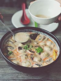 Close-up of soup in bowl on table