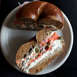 High angle view of sandwich served on table