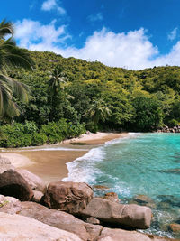 Scenic view of waterfall against sky