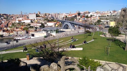 High angle view of town against clear sky