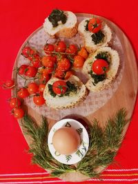 High angle view of strawberries in plate on table