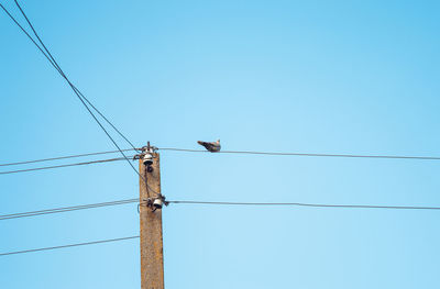 Low angle view of power lines against clear blue sky