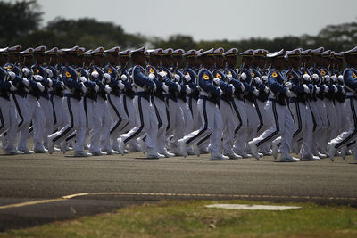 The indonesian air force army defiles in a rehearsal to celebrate the birthday of the air force.