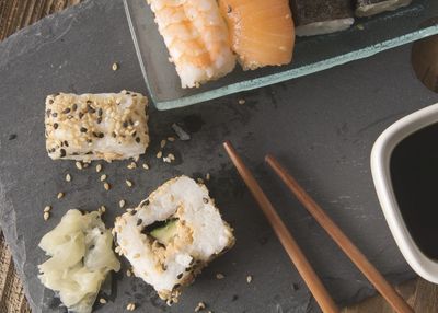 High angle view of sushi on table