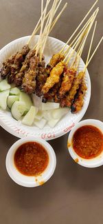 High angle view of food served in plate on table