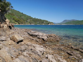 Scenic view of sea against clear blue sky