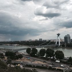 High angle view of city against cloudy sky