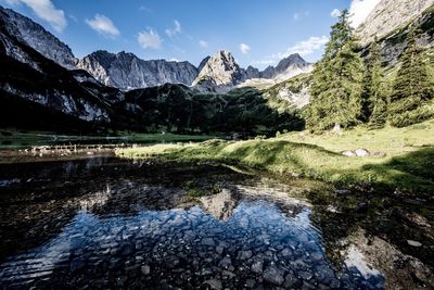 Scenic view of lake and mountains against sky