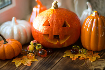 Close-up of jack o lantern on table