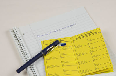 High angle view of yellow and pen on table