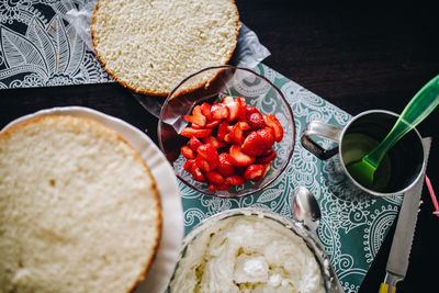 High angle view of breakfast on table