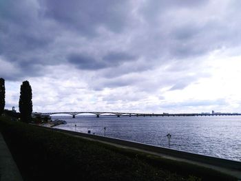 Scenic view of river against cloudy sky