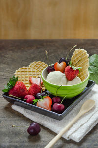 Close-up of fruits in bowl on table