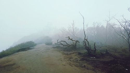 Scenic view of mountains against sky during foggy weather