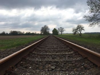 Railroad track amidst landscape against sky