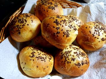 High angle view of bread in basket on table