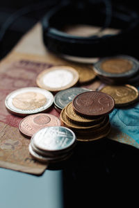 Close-up of coins and paper currency on table