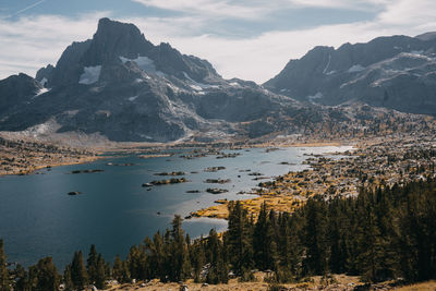 Scenic view of lake by mountains against sky