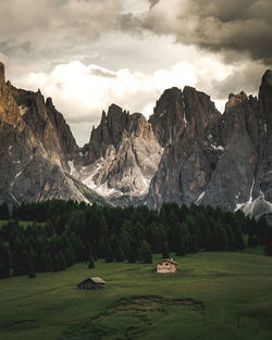 Scenic view of rocky mountains against cloudy sky