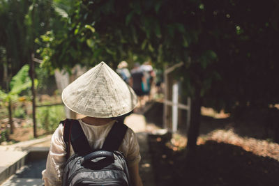 Rear view of woman wearing asian style conical hat against trees