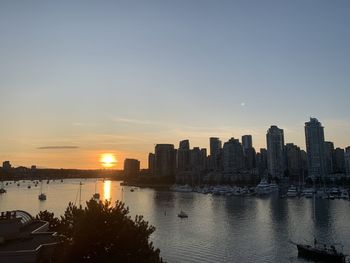 Buildings by river against sky during sunset