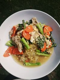 High angle view of salad in bowl on table