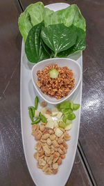 High angle view of food served on table