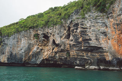 Scenic view of sea by rock formation