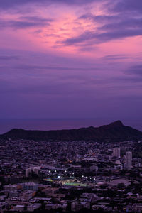 High angle view of townscape against sky at sunset
