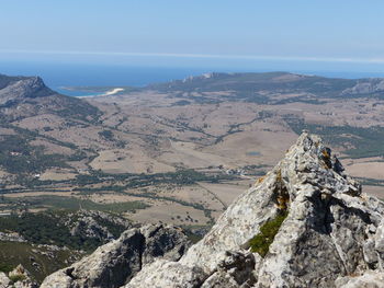 Scenic view of sea and mountains against sky