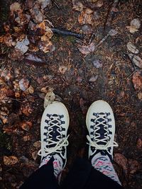 Low section of person standing by autumn leaves
