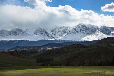 Scenic view of snowcapped mountains against sky