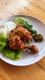 High angle view of food in plate on table