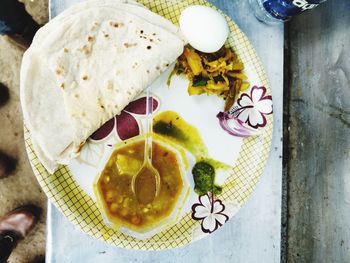 High angle view of food served on table