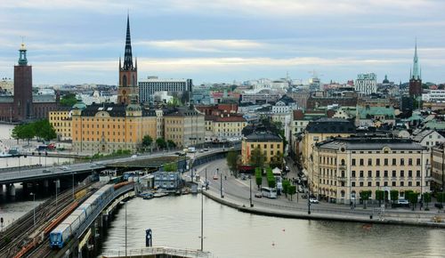 High angle view of bridge over river in city