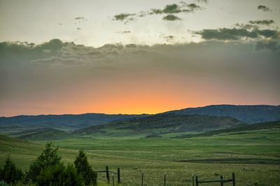 Scenic view of field against sky during sunset