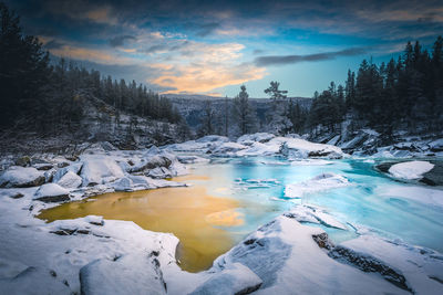 Scenic view of lake against sky during winter
