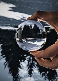 Upside down image of person holding crystal ball with trees reflection