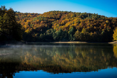 Scenic view of lake by trees against sky