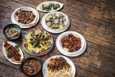 High angle view of meal served on table